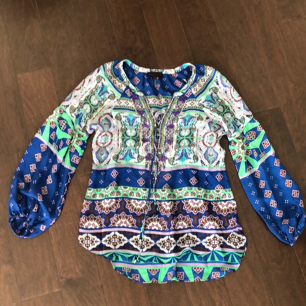 Hale Bob 100% silk top tunic beaded boho blouse S